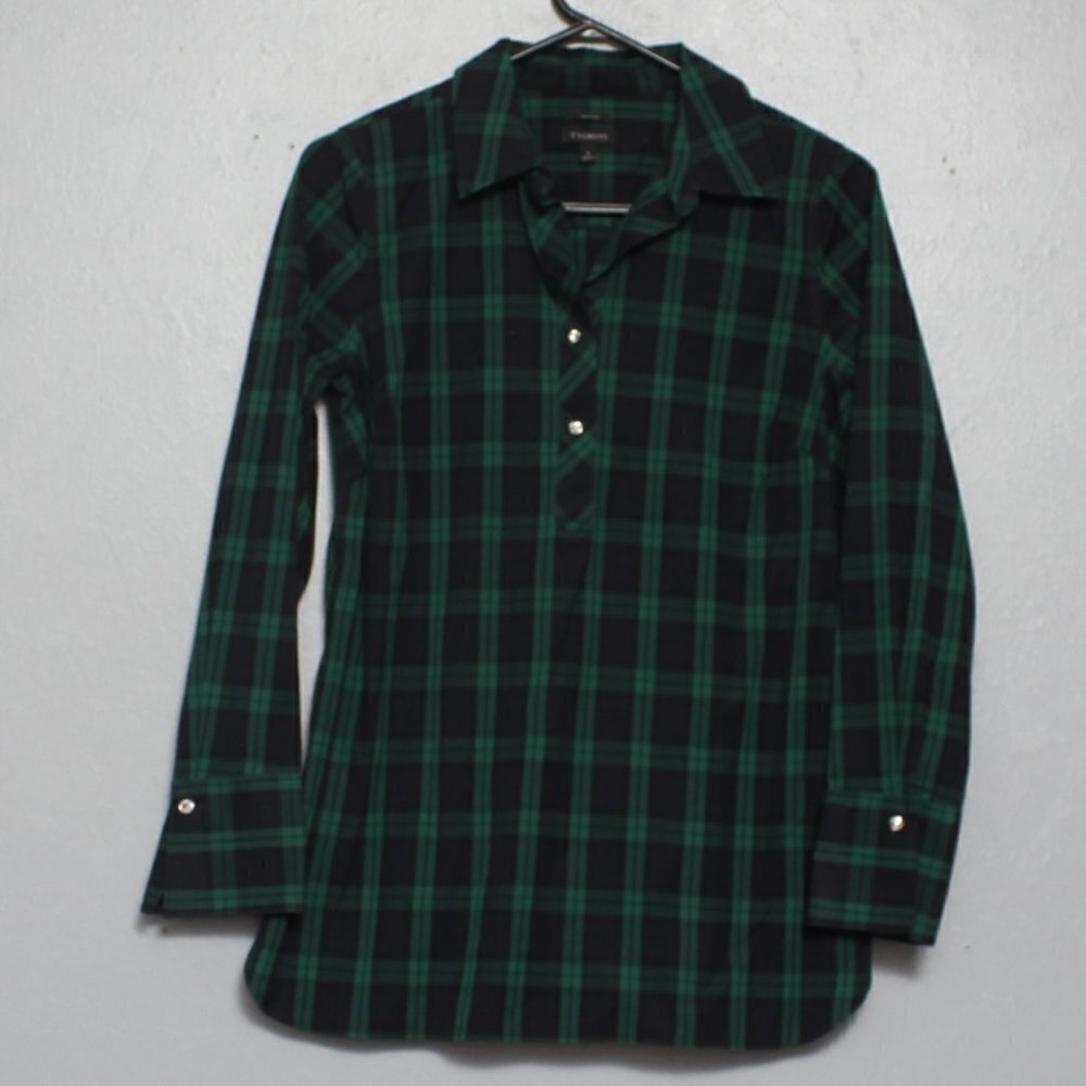 Talbots Non Iron Cotton Tunic Plaid Blue Green Long Sleeve Button Up Top